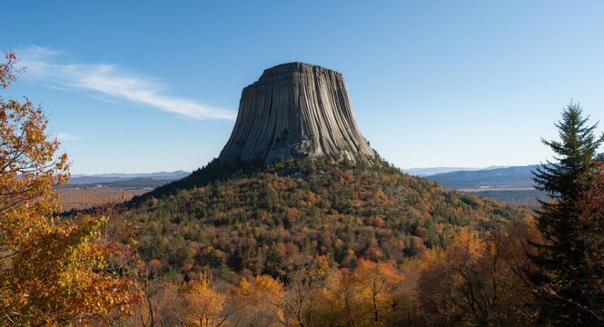 Devils Tower National Monument Surrounded by Colorful Autumn Foliage Under Clear Blue Skies
