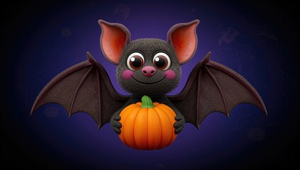 Fototapeta premium Cute Bat Holding a Pumpkin Against a Dark Background