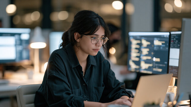 A community manager works alone at twilight in a blue hour office, face lit by multiple screens showing engagement dashboards and social moderation feeds, the quiet of late
