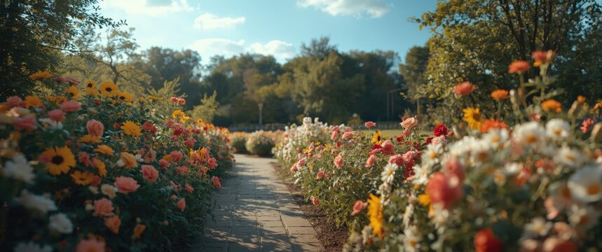Flower Pathway Surrounded by Colorful Blooms Under Bright Blue Sky