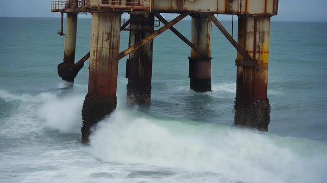 Weathered industrial structure stands defiantly amidst surging ocean waves, showcasing the raw power of nature against man-made engineering in a dramatic seascape scene