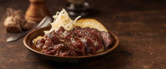 Obraz premium Grilled Beef Steak Served on a Rustic Plate with Vegetables
