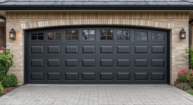 Modern Garage Door with Windows and Stone Exterior in Residential Setting