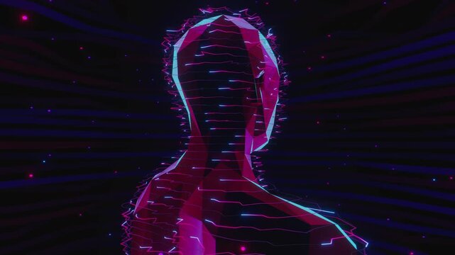 Seamless loop of abstract human bust formed by glowing horizontal scan lines. Digital futuristic artificial intelligence model made of light streams and neural network particle science background.