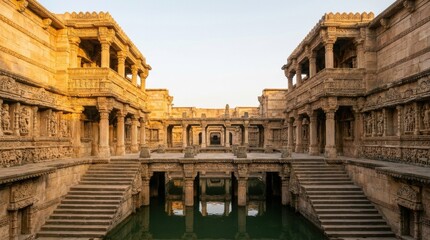 Obraz premium Ancient Well Structure in Golden Hour: A magnificent ancient stepwell, intricately carved and illuminated by the warm hues of the golden hour.