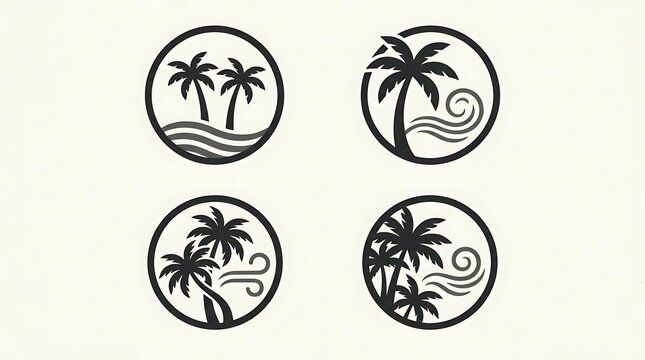 Circular black palm tree and ocean wave logo set.