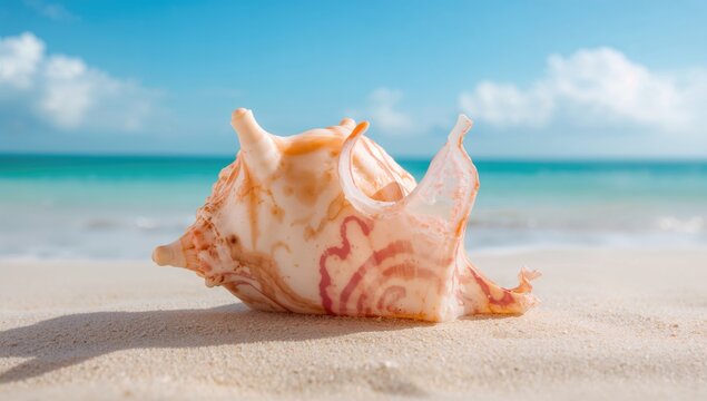Conch Shell on Sandy Beach with Turquoise Ocean and Blue Sky