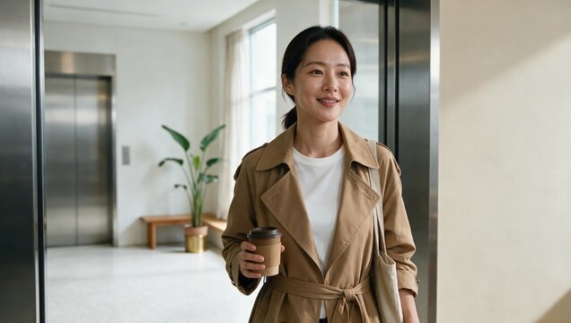 Generative AI, Confident Asian businesswoman commuting to work with coffee in a modern office lobby