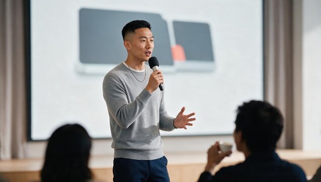 Generative AI, Young Asian man delivering a presentation with a microphone at a startup event