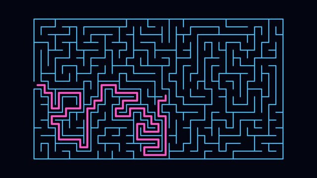 Pink Path Progressively Tracing a Complex Blue Maze on a Dark Background