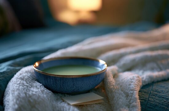 Small ceramic bowl with green tea on a folded blanket in a cozy bedroom setting