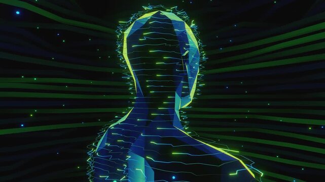 Seamless loop of abstract human bust formed by glowing horizontal scan lines. Digital futuristic artificial intelligence model made of light streams and neural network particle science background.