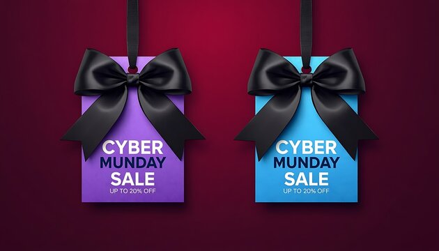 Cyber Monday sale price tags with black bows for online shopping deals.