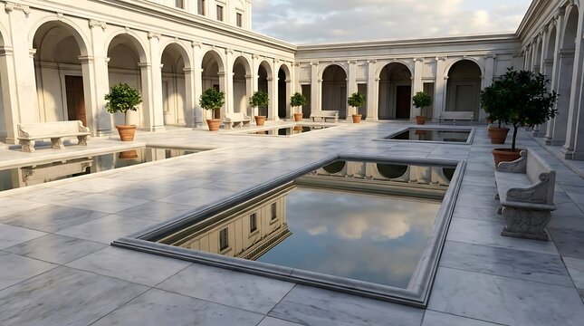 Classical architecture courtyard with reflecting pools.