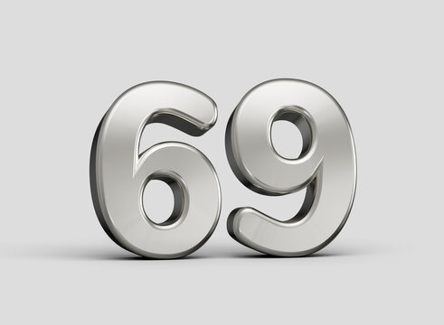Polished chrome number sixty nine in 3D style on grey background. 3d illustration
