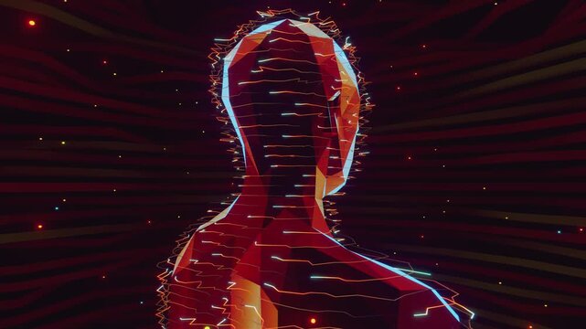 Seamless loop of abstract human bust formed by glowing horizontal scan lines. Digital futuristic artificial intelligence model made of light streams and neural network particle science background.