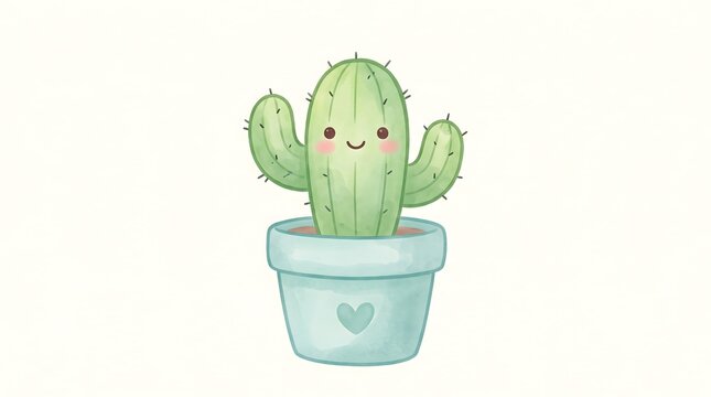 Hand-drawn cute kawaii cactus plant illustration in a pot, charming succulent character character with heart detail, adorable green leafy cartoon vector icon