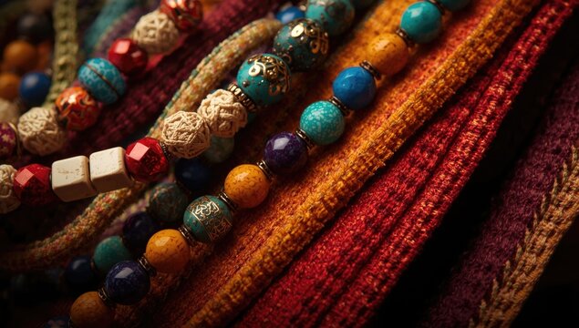 Colorful Beads and Textiles Close-Up - Textured Fabrics, Warm Tones