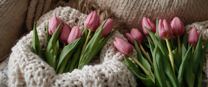 Pink Tulips Gathered in a Cozy Knit Basket on a Soft Blanket
