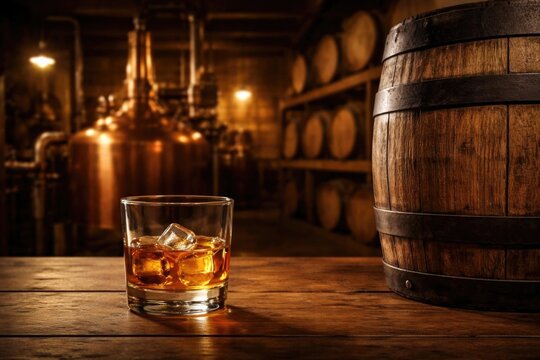Whiskey Glass with Ice in Distillery Setting Surrounded by Wooden Barrels
