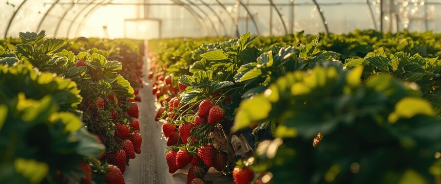 Strawberry Plants in Greenhouse - Sunset Glow, Lush and Fertile Environment