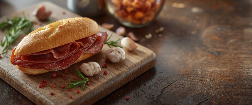 Fresh Sandwich with Salami and Rosemary on a Wooden Cutting Board