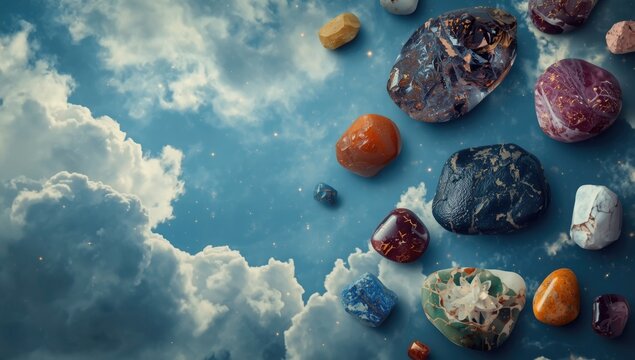 Colorful Semi-Precious Stones Arranged Against a Cloudy Sky Background