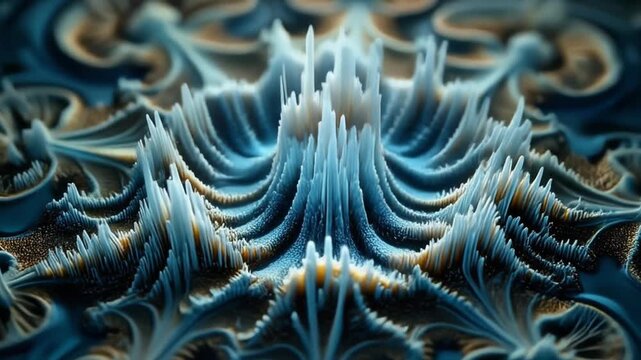 Intricate, textured, and ethereal fractal patterns in cool blues and warm earth tones create a mesmerizing, organic, and otherworldly landscape, perfect for abstract art, science fiction