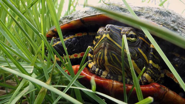 Close-up of a painted turtle emerging from lush green grass in daylight