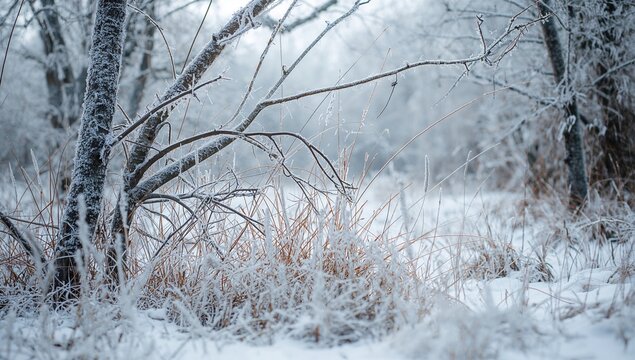 Frosty Branches and Grasses in a Snow Covered Winter Landscape