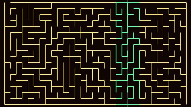 yellow outlined maze with green path tracing solution from left through center to right