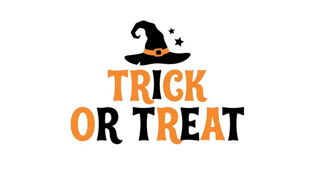 This captivating halloween typography design features the classic phrase trick or treat boldly displayed adorned with a charming witch's hat illustration evoking the spirit of