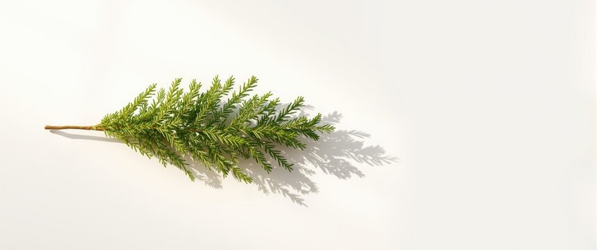 Green Pine Branch Isolated on White with Cast Shadow
