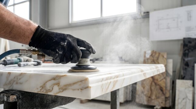 Stone mason polishing marble countertop with orbital sander