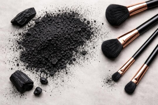 Charcoal Powder and Makeup Brushes Arranged on a Light Background