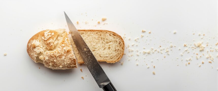 Sliced Bread with Butter and Crumbs on White Background