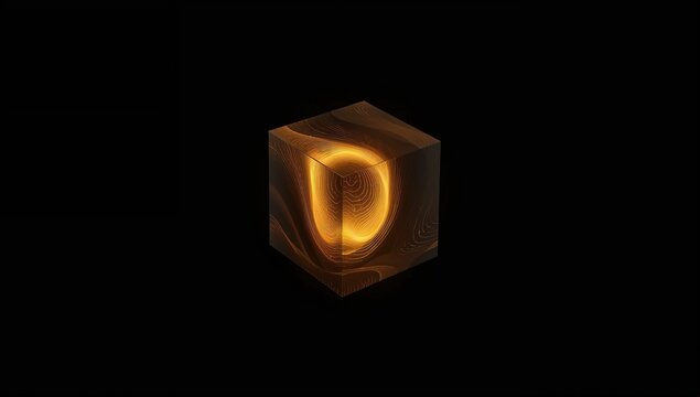 Illuminated Wooden Cube with Abstract Pattern on Black Background