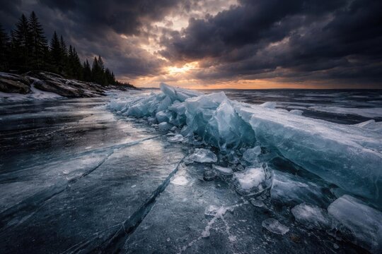Melting Ice on a Frozen Lake at Sunset Under Dramatic Clouds