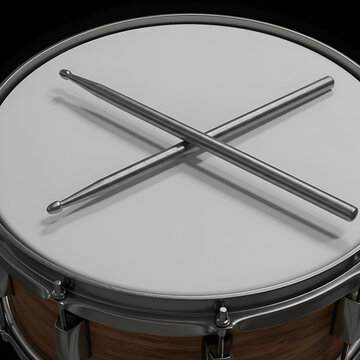 Drumhead with drum sticks positioned atop, showcasing a wooden snare drum. Drum set accessory. Musician's equipment. studio setting -