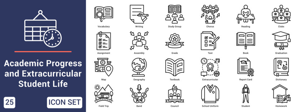 Academic Progress and Extracurricular Student Life  Icon set collection. Vector icon pack featuring thematic icons for your presentations or business.