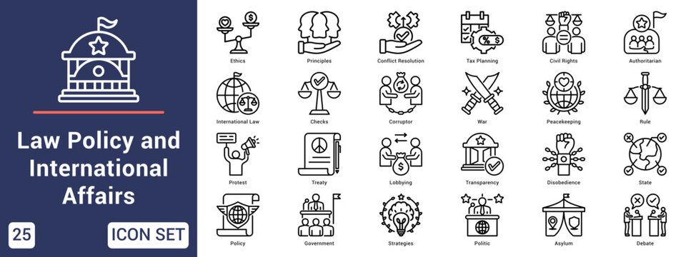 Law Policy and International Affairs  Icon set collection. Vector icon pack featuring thematic icons for your presentations or business.