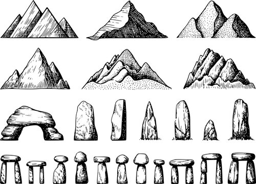 Collection of hand-drawn mountain peaks, ancient standing stones, and megalithic dolmen structures in black and white