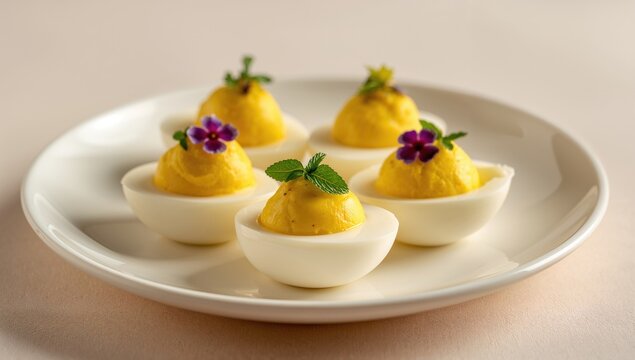 Stuffed Deviled Eggs Garnished with Herbs and Edible Flowers on a White Plate