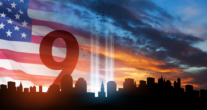 September 11 Tribute In Light Art Installation in the Lower Manhattan New York City Skyline at Sunset. 9.11 concept.
