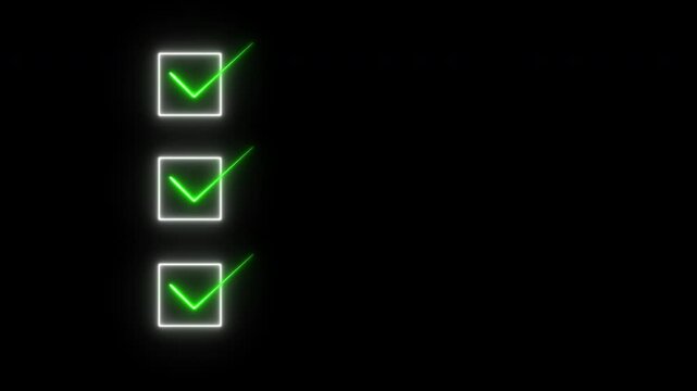 box checkmark for task complete neon style, green light tick in box checkmark checklist on transparent background, 4k video