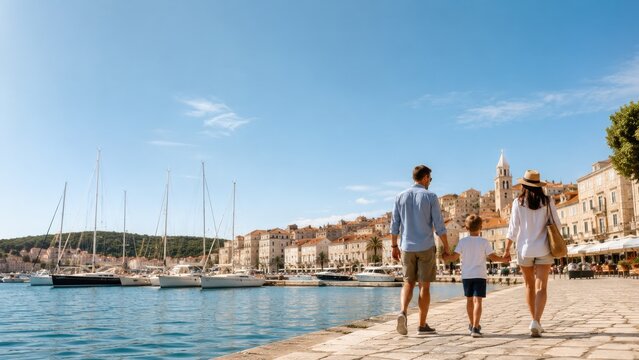 Family walking along a sunny harbor promenade