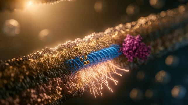 G protein-coupled receptor complex interacting with a golden helical fiber, featuring blue and purple molecular structures