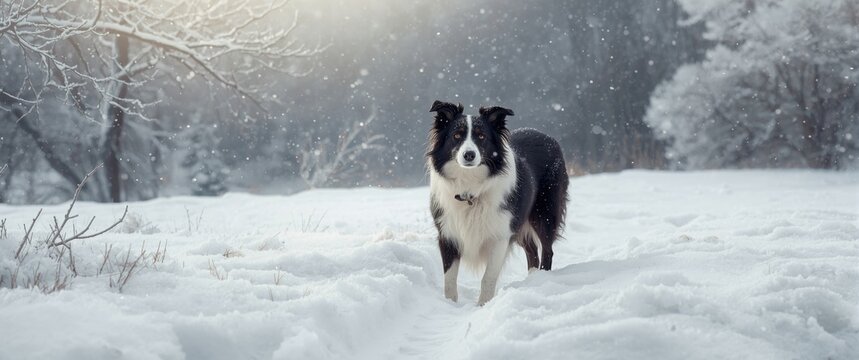 Border Collie Walking Through Snowy Landscape in Soft Winter Light