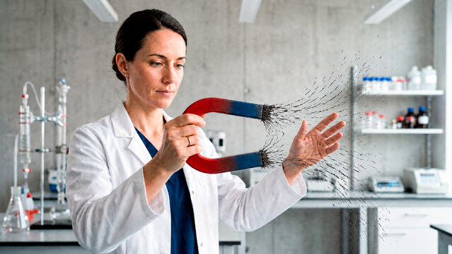 Female scientist conducting a physics experiment with a horseshoe magnet and iron filings. Magnetism demonstration in a modern laboratory