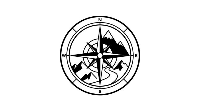 Minimalist compass and mountain peak logo design.